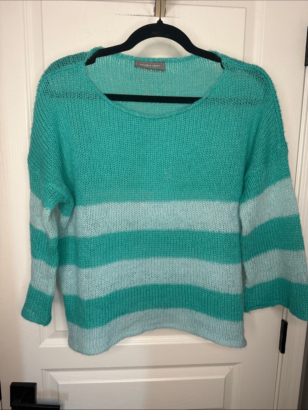 Wooden Ships Alpaca Blend Teal and Light Aqua Striped Scoopneck Sweater